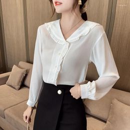 Women's Blouses Fashion Blouse 2024 Elegant Wavy White Chiffon Shirt Long Sleeves Vintage Womens Tops Clothing Female Basic Shirts