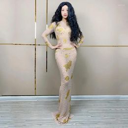 Stage Wear Birthday Celebrate Costume Wedding Gown Women Party Rhinestones Dress Sexy Perspective Evening Dresses