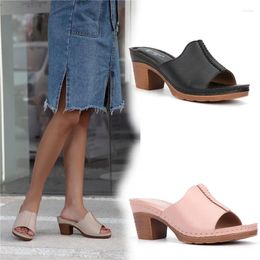 Slippers High-Heeled Shoes Lady Woman's Big Size Slides Low 2024 Soft Summer Fabric Casual Rome PU Basic Leisure Hoof Slip