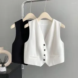 Women's Vests Summer V-Neck Vest Women Thin Black Waistcoat Single Breasted Sleeveless Blazer Female Slim Short White Femme