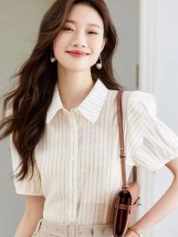 Women's Blouses Korean Fashion Chiffon Shirt Women 2024 Summer Light Breathable Striped Polo Collar Casual Short-sleeved