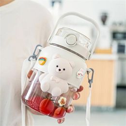 Water Bottles Cute Bear Big Belly Cup With Adjustable Strap Bottle Outdoor Travel Drinkware Portable Sports Plastic Cartoon