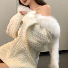 Women's Knits Korean Fashion White Sweaters Women 2024 Autumn Furry Collar Long Sleeves Knitted Tops Sexy Middle Length Sueters De Mujer