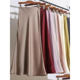 Skirts Womens Long Skirt 2024 Fashion Satin Office Lady Elastic Waist Solid Champagne Purple Red Silk A-Line For Women Drop Delivery Dhoqx