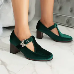 Dress Shoes Velour Velvet Big Buckle Belt T-strap Woman Mary Janes Pumps Green Olive Burgundy Colour Closed Toe Block High Heels Women