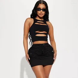 Work Dresses Sexy 2 Piece Sets Womens Outfits Festival Clothing Hollow Out Crop Top And Drawstring Pocket Mini Skirt Set Party Matching