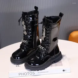 Boots Winter Knee-length For Girls Chain Fashion Pearls Kids Leather Shoes England Style Youth Streetwear