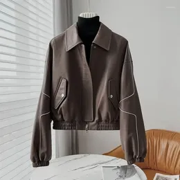 Women's Leather Sheepskin Coat 2024 Autumn And Winter Short Baseball Uniform Jacket Temperament Overcoat Ladies