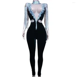 Stage Wear Sparkling Rhinestones Sleeveless Fringes Jumpsuits Hollow Out Sknny Stretch Women Bodysuits Lady Nightclub Outfit