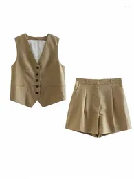 Women's Vests Women Fashion Cropped Solid Casual Vest Vintage V Neck Button-up Female Waistcoat Chic Tops Shorts Suit 9929/321