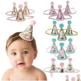 Hair Accessories 1/2/3 Birthday Party Hats Headband Crown Princess Prince Headdress Baby Shower Kids Decoration 20 Colors Drop Deliv Dhgqs