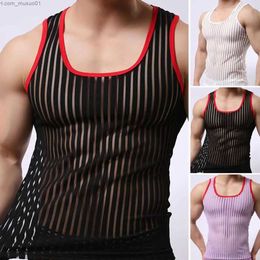 Men's Tank Tops Summer Men Undershirt Trendy Sports Vest Striped Shirt Elastic Mesh Yarn Tees Bottoming Shirt 3D Cutting Fitness Vest StreetwearL2402