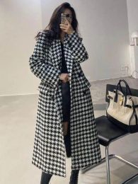 Blends Women's Winter Korean Long Woollen Overcoat Vintage Black White Patchwork Plaid Loose Coats Double Breasted Tweed Jacket Fashion