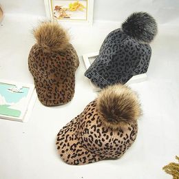 Ball Caps Children Hip Hop Baseball Cap Wool Leopard Hairball Kids Winter Hat Boys Girls Snapback Parent-child