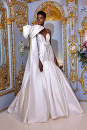 2024 White Elegant V-Neck Stain Mermaid Wedding Dress with Detachable Big Bow Beaded Bow Sweep Train Zipper Bridal Dress Vestidos De Novia