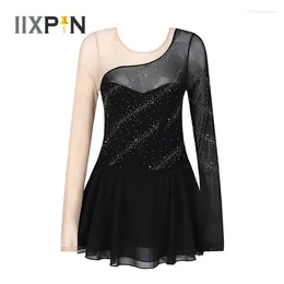 Stage Wear Women Figure Skating Dress Shiny Rhinestone Mesh Long Sleeve Ballet Dance Gymnastics Leotard Modern Lyrical Costumes