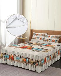 Bed Skirt Wood Grain Bird Elastic Fitted Bedspread With Pillowcases Protector Mattress Cover Bedding Set Sheet