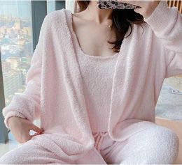 Women's Sleepwear Thick Women Pajamas Three-piece Set Home Clothes Soft Warm Autumn Winter SleepTrousers Suspenders Cardigans Wool Knitting