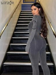 Women's Jumpsuits Rompers WJFZQM Womens jumpsuit club set jumpsuit one piece set Grey jeans womens jumpsuit casual tight fitting long sleeved jumpsuit J240224