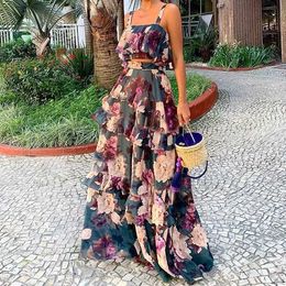 Basic Casual Dresses Womens Summer Sexy Cake Skin Sling Crop Top+Maxi Long Skin Casual Print Pleated High Waist Two Piece Set 2022 New J240224