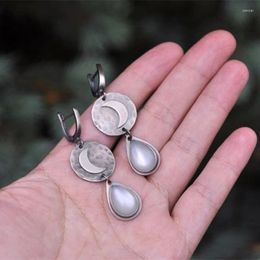 Dangle Earrings Fashion Silver Color Hand Carved Moon Pattern Ladies Inlaid White Moonstone Wedding Jewelry