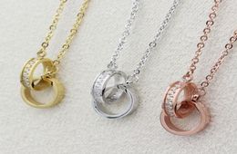 New Arrive Fashion Lady Titanium steel 18K Plated Gold Necklaces With Double Circle Diamond Love Screw Pendant 3 Color4525082