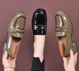 Womens loafers Evening Party Dress Shoes Genuine leather comfort Thick Bottom Soft leather Gold-tone Buckle Fashion chunky Heels shoes Leisure Driving Shoes