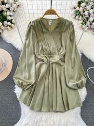 Casual Dresses Spring Autumn Clothes For Women 2024 Long Sleeve V-neck Slim A-line Pleated Robe Elegant Ladies Vintage Dress Temperament