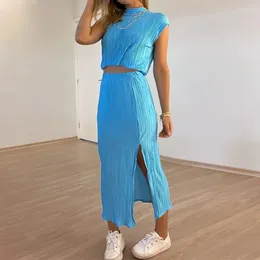 Work Dresses Summer Women's 2024 Crimped Half-high Collar Tracksuit High Waist Split Tank Vest And Mid-length Skirt Two Piece Sets