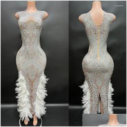 Stage Wear Sleeveless Sier Diamond Feather Dress Women Birthday Celebrate Outfit Evening Party Dresses Dancer Costumes Xs5774 Drop D Dhui4