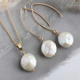 Dangle Earrings A Set 13-14MM Baroque White Freshwater Coin Pearl Necklace Ear Stud Holiday Gifts Mother's Day Jewellery FOOL'S Party Hook
