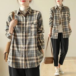 Women's Blouses Vintage Shirts Summer 2024 Plaid Loose Polo-neck Ladies Clothing Long Sleeve Cotton Linen Tops YCMYUNYAN