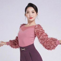 Stage Wear 2024 Female Ballroom Dance Tops Flower Sleeve Performance Costumes Latin Dancewear Cha Samba Rumba Clothes F1109