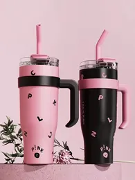 Water Bottles 1250ml Kpop Black And Pink Thermal Bottle Stainless Steel Tumbler With Handle Straw Cup Portable Car Coffee Mug Drinkware