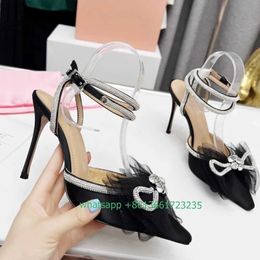 Sandals Mesh Cloth Crystal Butterfly Knot Sandals Stiletto Heel Pointed Toe High Heels Black/white/pink Satin Rhinestone Shiny SandalsL2402