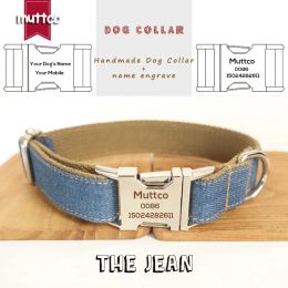 Collars MUTTCO Antilost retailing handmade dog collar Custom puppy pet collars with name THE BLUE JEAN dog collar 5 sizes UDC003