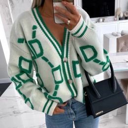 Autumn Winter Knitted Cardigan Fashion Women Long Sleeve Loose V-Neck Sweater Thick Warm Female Green Casual Print Cardigan