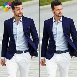 Men's Suits Navy Blue Men Classic Tailored Made White Pants Slim Fit Man Blazers For Business Casual Groomsmen Costume Terno Masculino