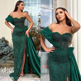 Prom Off Beading Elegant Green Shoulder Mermaid Dress Waist Decor Long Dresses For Special Ocns Sweep Train Evening Gowns es