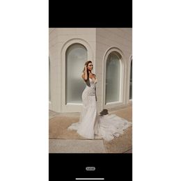 Mermaid Wedding Dresses Lace Mermaid Deep V Neck Wedding Dresses Sheer Backless Appliques Bow S Arabic Bridal Gowns Beaded Drop Delive Otjmn