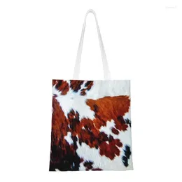 Shopping Bags Faux Fur Cowhide Leather Style Canvas Bag Women Printing Reusable Groceries Animal Hide Texture Tote Shopper