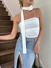 Women's Tanks Women Ruched Bandeau Crop Tops Summer Tube Y2k Strapless Slim Fit Tank Top With Rosette Scarf