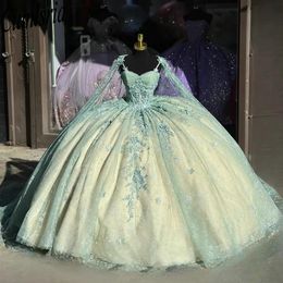 Mint Green Spaghetti Strap Crystal Ball Gown Quinceanera Dresses With Cape Illusion Appliques Lace Vestidos De 15 Anos