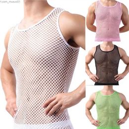 Men's Tank Tops Fishnet Men Sexy Mesh Tank Tops Transparent Sleep Tops Male Underwear Pure Color Vest Sleeveless Tops Underwear Male UndershirtL2402