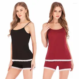 Women's Sleepwear Summer Sexy Lace Edge Home Clothes Spaghetti Strap Shorts Pajama Set Loose Casual Solid Color Nightwear