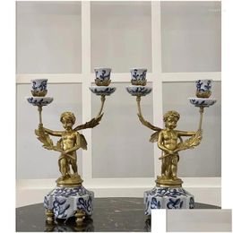 Candle Holders Tabletop Large Size Porcelain With Brass Light Stick Pair Craft Angel Statue Blue And White Holder For Home Decor Dro Dhj1E