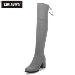 Dress Shoes SIMLOVEYO Black Grey Womens Micro suede Thigh High boots Block Thick heel Stretch Over the knee boots women Plus size 32-48 B007L2402