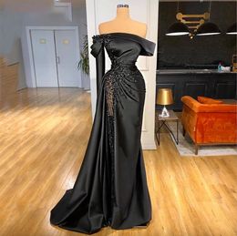 Lily Off-shoulder Black Pageant Party Gown Luxury Pearls Evening Dress Formal Mermaid Sexy Prom Dress Custom abiti da cerimonia