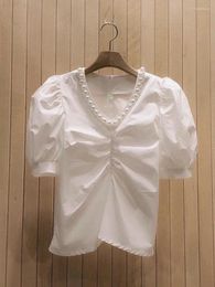 Women's Blouses WDMSNA Black White For Women Summer Fashion V-Neck Blusas Mujer Beaded Pleated Puff Sleeve Shirt Womens Korean Top