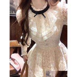 Basic Casual Dresses French Elegant Lace Y2K Mini Dress Long Sleeve Short Party Woman Slim One Piece Korean Fashion 2024 Autumn Dro Dhxhm